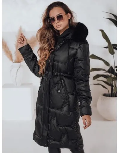 Dámská zimní bunda dlouhá prošívaná s kožešinou černá