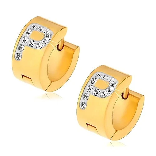 Kloubové ocelové náušnice ve zlatém odstínu, čiré zirkonové písmeno P