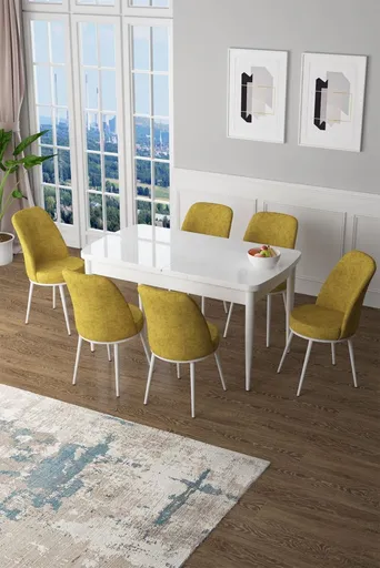 Extendable Dining Table & Chairs Set (7 Pieces) Zen - White, Mustard
