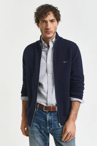 SVETR GANT COTTON PIQUE ZIP CARDIGAN EVENING BLUE