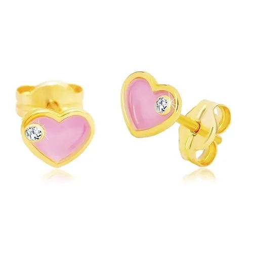 Náušnice ze žlutého 14K zlata, srdíčko s růžovou glazurou a zirkonem