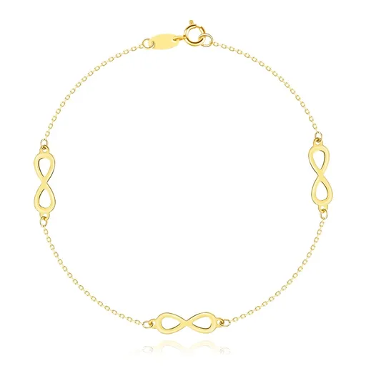 Náramek ze žlutého zlata 585 - plochý symbol nekonečna, jemný řetízek