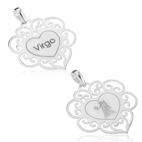 Přívěsek ze stříbra 925, znamení zvěrokruhu PANNA, ploché srdce, filigrán