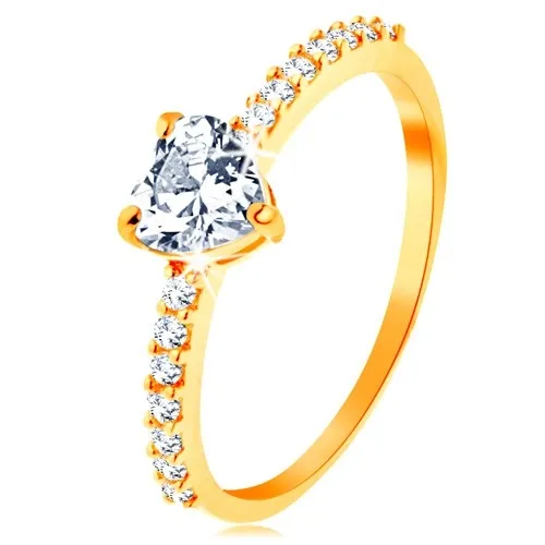 Prsten ve žlutém 14K zlatě - broušené zirkonové srdíčko čiré barvy - Velikost: 49