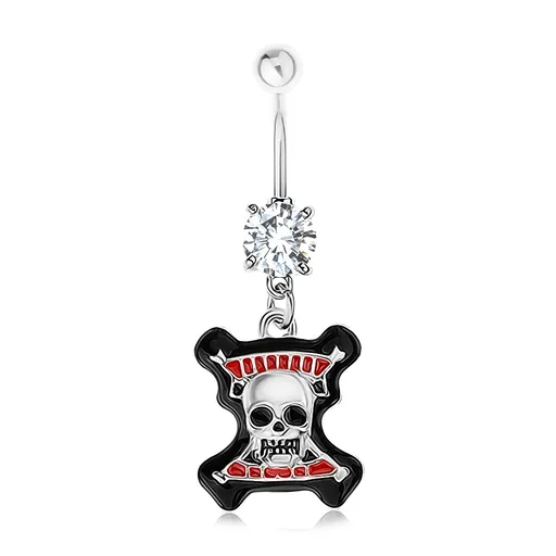 Piercing do pupíku, ocel 316L, čirý zirkon, lebka, černý lem, červené proužky