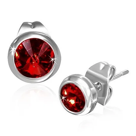 Náušnice z oceli 316L, puzetky, kulatý blýskavý zirkon červené barvy