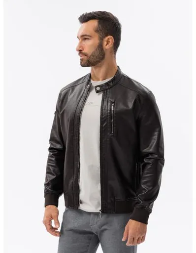 Pánská bunda z umělé kůže V1 OM-JAFL-0109 tmavě hnědá