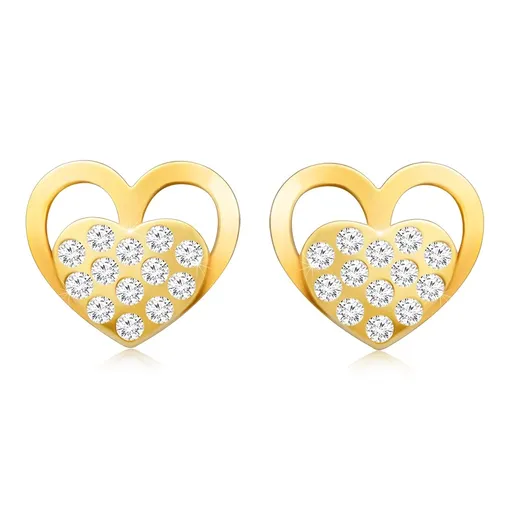Puzetové náušnice ve zlatě 585 - dvojité srdce, čiré zirkony