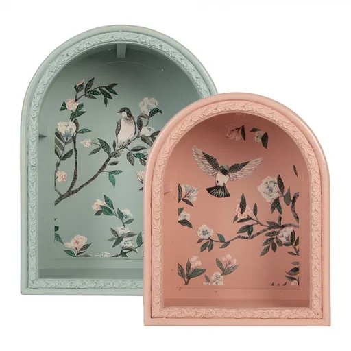 Set 2ks nástěnná modrá a růžová polička s ptáčky Birds - 30*16*40 / 24*14*30 cm 6H2460