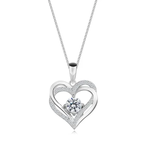 Náhrdelník ze stříbra 925 - dvojité srdce, větší zirkon uprostřed, malý čirý zirkon