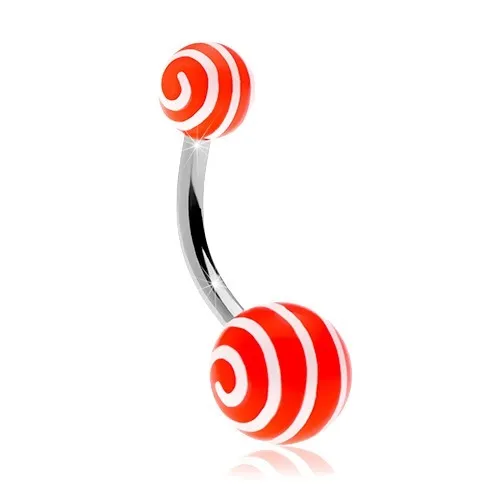 Piercing do pupíku, chirurgická ocel, oranžové kuličky s bílou spirálou