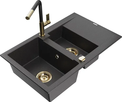 MEXEN/S Gaspar granitový dřez 1.5 s odkapávačem včetně baterie Flora, černá kropenatá 6507-76-670401-57-G