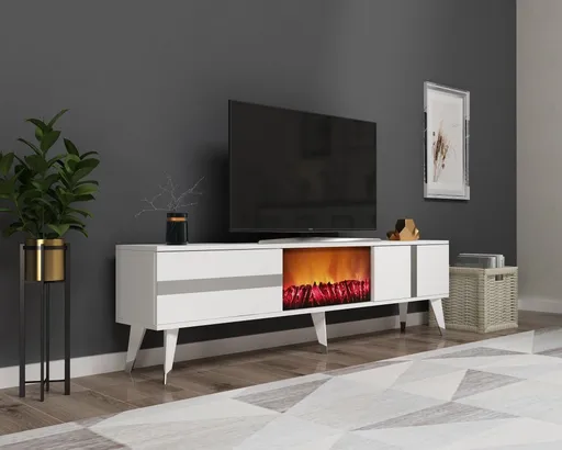 TV stolek Vania Fireplace - White, Silver