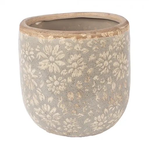Šedý antik keramický obal na květináč s květy M - Ø 14*13 cm Clayre & Eef