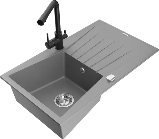 MEXEN/S Cesar granitový dřez s odkapávačem včetně baterie Duero, šedá 6514-71-671600-70