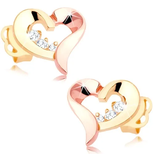Náušnice 14K kombinované zlato ve tvaru srdce se zirkony