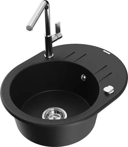 MEXEN/S Kevin granitový dřez 1-miska s odkapávačem včetně baterie Flora, černá 6517-77-670401-00