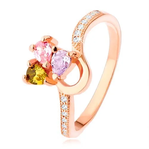 Stříbrný prsten 925, měděná barva, trojbarevný zirkonový trojlístek - Velikost: 60