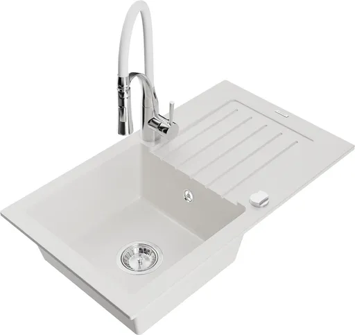 MEXEN/S Pablo granitový dřez 1 s odkapávačem včetně baterie Aster, bílá 6510-20-73450-02