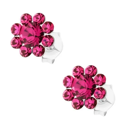 Stříbrné náušnice 925, blýskavý květ z růžových krystalů Preciosa, puzetky