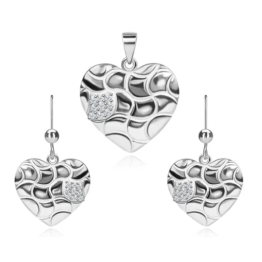 Set náušnic a přívěsku, stříbro 925, srdce se zvlněnými zářezy a zirkony