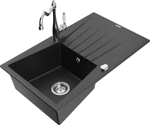 MEXEN/S Cesar granitový dřez 1-miska s odkapávačem včetně baterie Carla, černá/stříbrná metalik 6514-73-670700-00