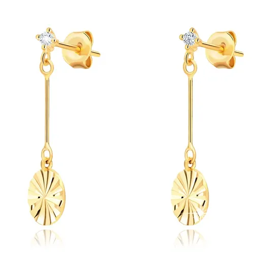 Zlaté náušnice 14K s paprskovým vzorem na kruhu a zirkónem