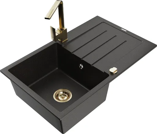 MEXEN/S Bruno granitový dřez 1-miska s odkapávačem včetně baterie Rita, černý/zlatý metalik 6513-75-670300-50