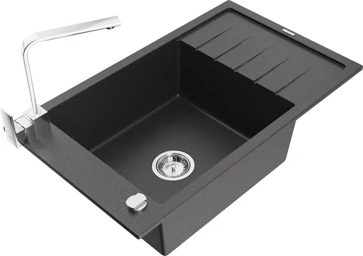 MEXEN/S Elias granitový dřez 1-miska s odkapávačem včetně baterie Rita, černý kropenatý 6511-76-670300-00
