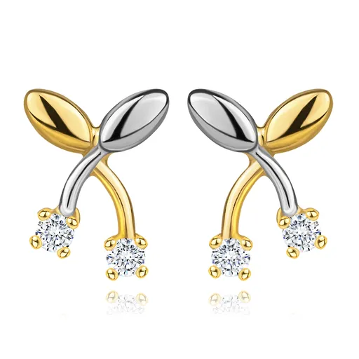 Náušnice ze směsového zlata 585 - třešně, čiré zirkony, hladké listy