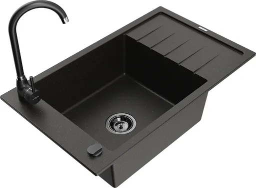 MEXEN/S Elias granitový dřez s odkapávačem včetně baterie Telma, černá/zlatá 6511-75-670200-70-B