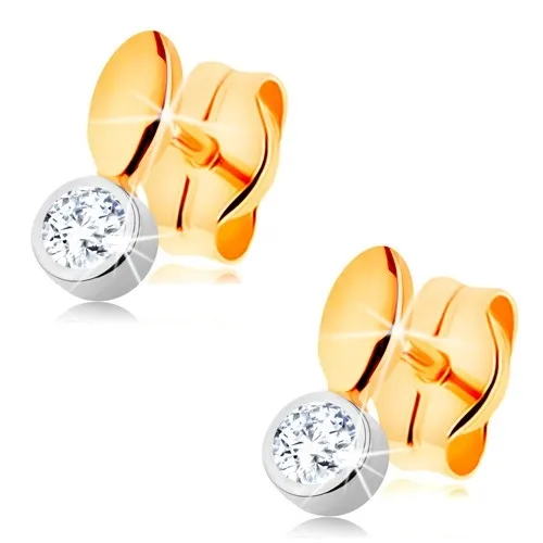Puzetové náušnice ve 14K zlatě - dvoubarevné provedení, malé zrnko a zirkon v objímce