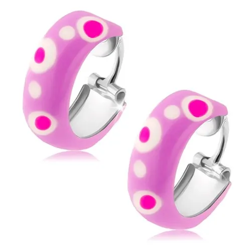 Kruhové stříbrné náušnice 925, fialová glazura, růžové a bílé tečky