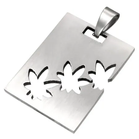 Přívěsek z chirurgické oceli stříbrné barvy, obdélník s výřezy ve tvaru marihuany