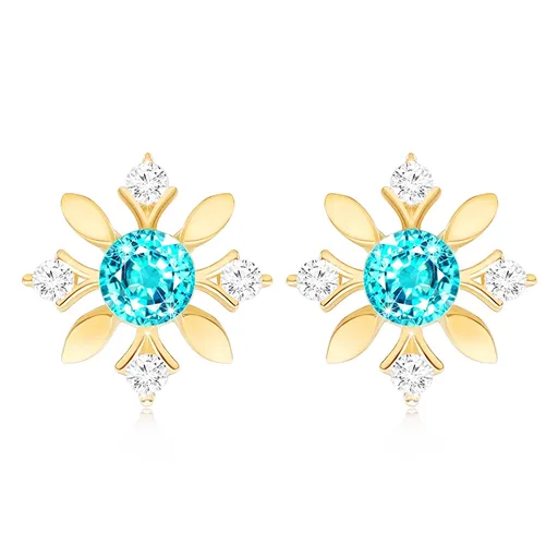 14K Zlaté náušnice ve tvaru květu s modrým topasem a zirkony