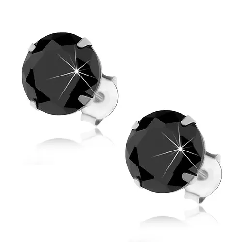 Puzetové náušnice ze stříbra 925, kulatý černý zirkonek v kotlíku, 8 mm