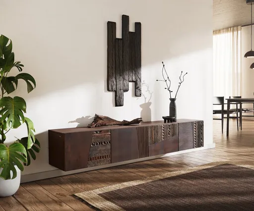 TV stolek Imara 200 cm mango hnědá 4 dvířka závěsný