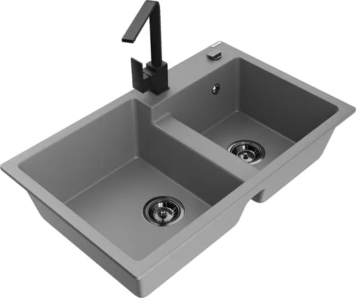MEXEN/S Tomas granitový dřez 2-bowl včetně baterie Rita, šedá 6516-71-670300-70-B