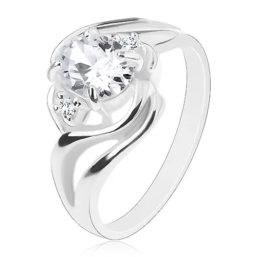 Blýskavý prsten, rozdělená zvlněná ramena, velký oválný zirkon čiré barvy - Velikost: 57