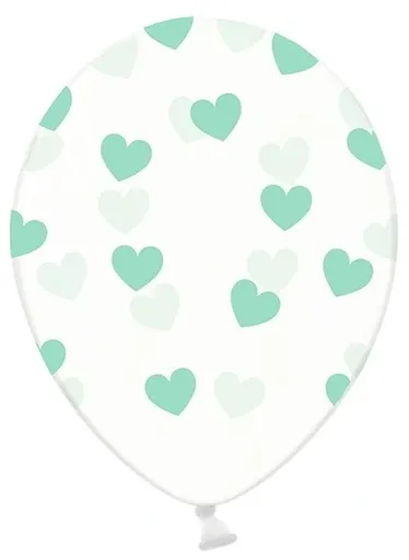 PartyDeco Balónek - Průsvitný se zelenými srdíčky