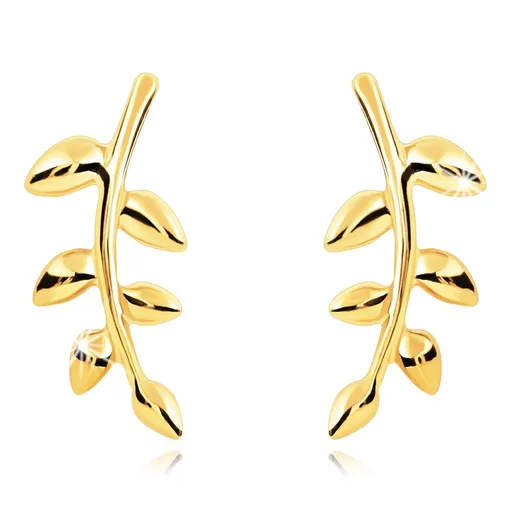 Náušnice ve žlutém 14K zlatě - lesklá zahnutá větvička s malými lístky