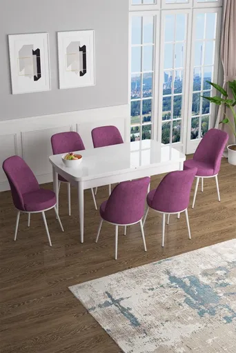 Extendable Dining Table & Chairs Set (7 Pieces) Han - White, Purple