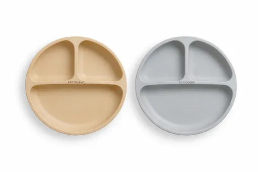 BocioLand 2x Silikonový talíř, tříkomorový - béžový, šedý
