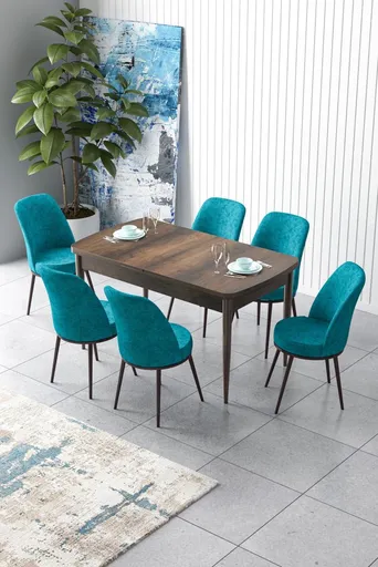 Extendable Dining Table & Chairs Set (7 Pieces) Zen - Baroque, Turquoise