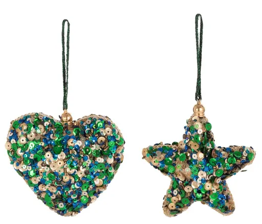 2ks zeleno-zlatá závěsná ozdoba srdce a hvězda s flitry - 9*9*3,5 cm  J-Line by Jolipa