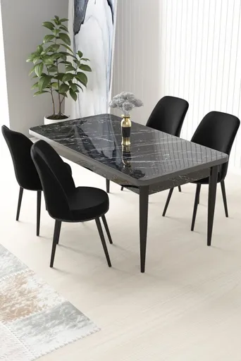Dining Table & Chairs Set (5 Pieces) Nil - Black Marble, Black