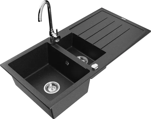 MEXEN/S Andres granitový dřez s odkapávačem včetně baterie Telma, černá/stříbrná 6515-73-670200-00