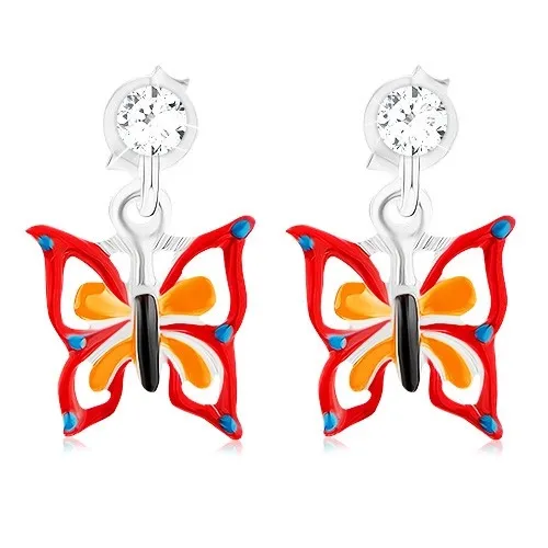 Náušnice ze stříbra 925, puntíkovaný motýl s červeno-oranžovou glazurou