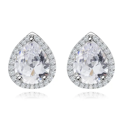 Stříbrné náušnice 925, rhodiované, třpytivá kontura slzy, broušený zirkon