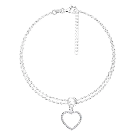 Náramek ze stříbra 925 - obrys srdce se zirkony, dvojitý řetízek Singapur
